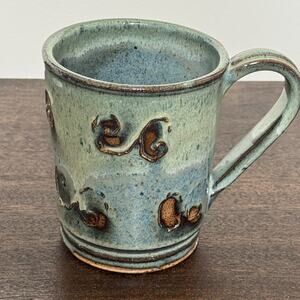 Studio Art Pottery Mug Green Brown Raised Abstract Swirl Striped Handle Signed